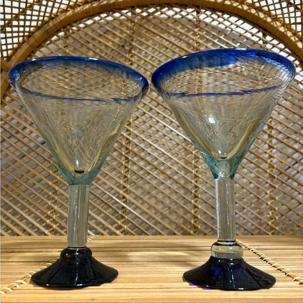 Hand Blown Blue Rimmed Martini Glasses